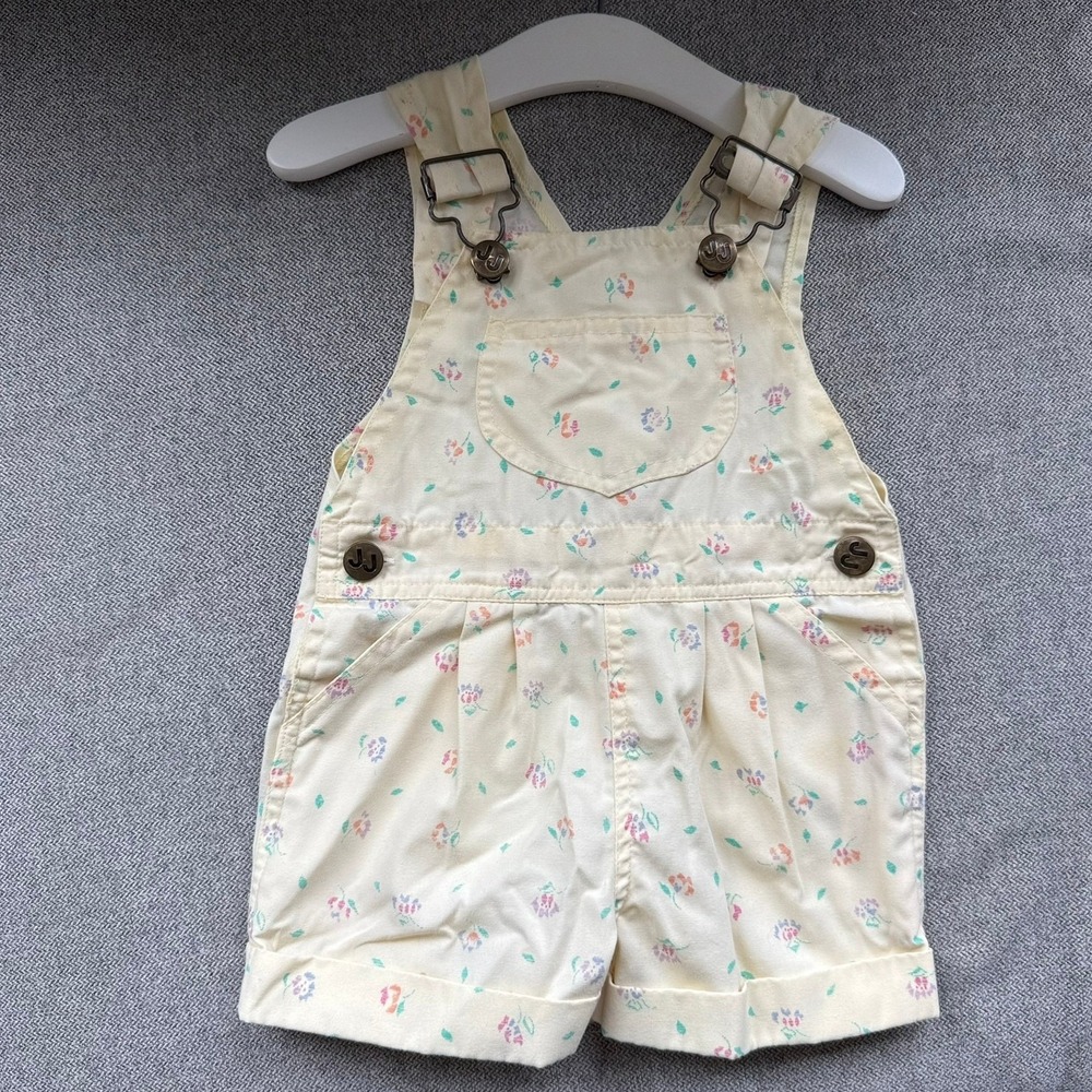 Vintage Jo-Joe Fashions Yellow Floral Shortall Overalls Kids Size 12M Retro